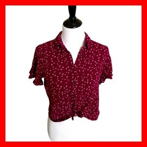 Jolt Small Crop Burgundy Patterned Tie Front Shirt